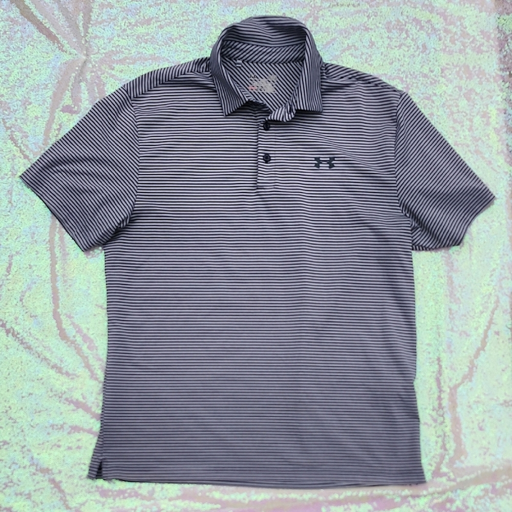 Under Armour Men's Black Striped Polo Shirt Navy & Gray Stripes Large Heat Gear